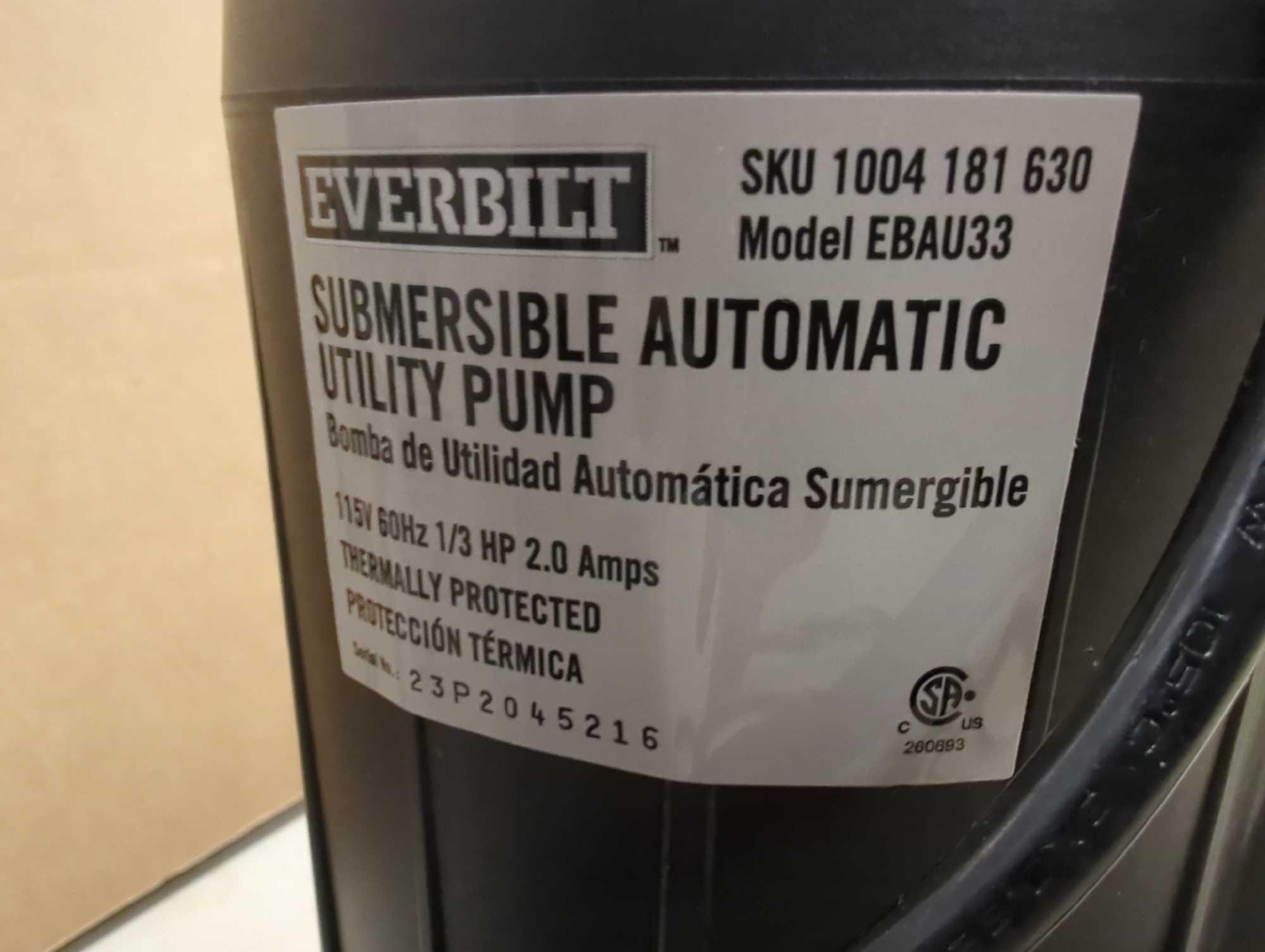 Everbilt 1/3 HP Automatic Utility Pump. Comes in open box as is shonen photos. Appears to be new.