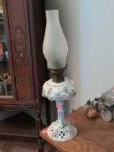(LR) ANTIQUE PLUMB & ATWOOD DRESDEN STYLE FLORAL DETAILED OIL LAMP WITH CHIMNEY. MEASURES 18-1/2"T.