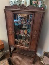 (LR) ANTIQUE WOOD GLASS FRONT CHINA CABINET WITH CROSS STRETCHER BASE, INLAID DETAILS, VENEER SCROLL