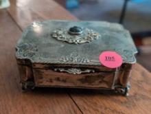 (LR) VINTAGE MARKED V.G. JUB SILVER TRINKET BOX WITH BLUE STONE. 4-1/2"W X 3-1/4"D X 1-1/2"T.