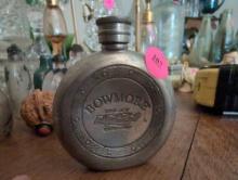 (LR) SM. BOWMORE PEWTER SCOTCH WHISKEY FLASK. SLIGHTLY BENT. MEASURES 3-1/4"T.