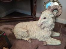 (LR) LARGE NU-ZOO VINTAGE GLAZED CERAMIC RESTING RAM FIGURAL. IT MEASURES 29"W X 10"D X 19"T.