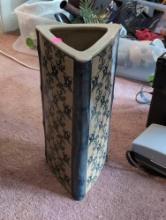 (LR) ORIENTAL TRIANGULAR GLAZED CERAMIC UMBRELLA STAND. MARKED ON THE BOTTOM. 6" X 7-1/2" X 15"T.