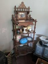 (LR) VINTAGE MIRRORED ETAGERE/WHAT NOT SHELF WITH SINGLE FLORAL CARVED DRAWER, 4 SHELVES. IT