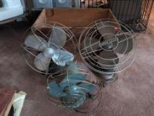 (LR) LOT TO INCLUDE: A VINTAGE ROBBINS & MYERS METAL ELECTRIC FAN, VINTAGE DOMNICK ELECTRIC METAL