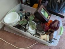 (LR) TUB LOT OF MISC. ITEMS TO INCLUDE (2) MILK GLASS BOWLS, A MILK GLASS CANDY DISH, RED GLASS