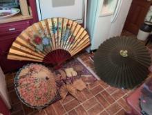 (LR) VINTAGE FAN/UMBRELLA LOT TO INCLUDE A LARGE ORIENTAL FLORAL/BIRD SCENE SPREAD OUT FAN, JAPANESE