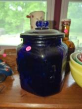 (DR) PLANTERS PENNANT "MR PEANUT" LARGE COBALT BLUE GLASS JAR WITH LID, APPROXIMATE DIMENSIONS - 13"