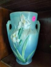 (LR) ROSEVILLE HANDLED VASE, FLORAL DESIGN, 8 1/2"H 4 1/2"D