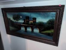 (BR2) ANTIQUE REVERSE PAINTING ON GLASS DEPICTING A CASTLE OVERLOOKING A BRIDGE WITH THE MOON IN THE