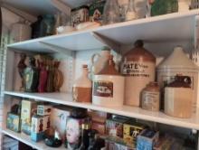 (BR2) SHELF LOT TO INCLUDE VARIOUS SIZED STONEWARE JUGS AND MISC. VINRAGE BEAMS/WILD TURKEY LIQUOR