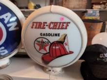 (BR2) VINTAGE TEXACO FIRE CHIEF DOUBLE SIDED GLASS ADVERTISING LIGHT COVER IN HARD PLASTIC FRAME.