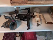 (BR2) 3 PC. VINTAGE LOT TO INCLUDE A DRGM WHITE PAINTED METAL MEAT GRINDER, A CAST IRON APPLE