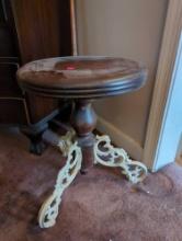 MAHOGANY VANITY STOOL, CAST METAL LEGS, 14"D 18"H