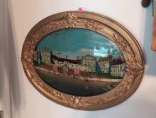 (BR2) ANTIQUE REVERSE PAINTING ON GLASS DEPICTING A SCENE OF FRANCE, TITLED "WHERE WORLDS PEACE
