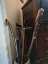 (LR) LOT OF 8 VINTAGE CANES, 1 CANE SWORD, WORLDS FAIR 1939 CANE, VINTAGE CANE STOOL, BIRD CARVED