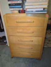 (BR3) VINTAGE WOOD 5 DRAWER HIGH CHEST. DISPLAYS COSMETIC WEAR CONSISTENT WITH AGE, 30"X16"43 3/4"H