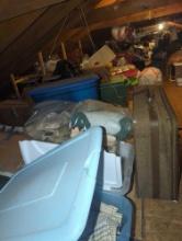 (ATTIC) LARGE ATTIC LOT, CHRISTMAS ITEMS, TREES, ORNAMENTS, TOYS, VINTAGE TOYS, CLOTHING, TOTES,
