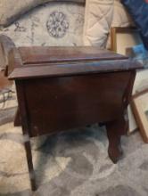 (LR) ANTIQUE OAK FOOTED MINI TRUNK, SHOWS COSMETIC WEAR CONSISTENT WITH AGE. 13"L 9 1/2"W 15"H