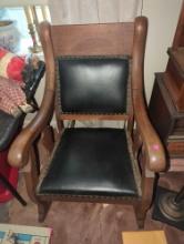 ANTIQUE OAK ROCKING CHAIR, FAUX LEATHER UPHOLSTERY, BRASS TACKS, 25X21 1/2X38 1/2"H