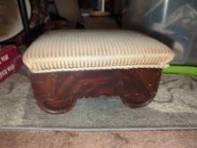 (LR)ANTIQUE MAHOGANY UPHOLSTERED FOOTSTOOL, IN GOOD CONDITION FOR THE ITEMS AGE, 11 1/4"X9"W 6"H