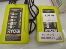 ( No Battery) Lot of 2 of RYOBI GEN2 Lithium-ion 40 Volt 40v Slim Line Compact Battery Charger