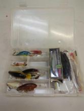 Tackle Box and contents including worms and other various fishing lures. Comes as is shown in