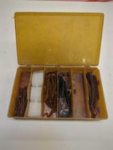 Brown Tackle Box and contents including worm fishing lures. Comes as is shown in photos. Appears to