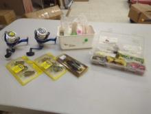 Mini tackle box and small white bin consisting of various fishing lures and other fishing