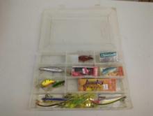 Tackle Box and contents including various fishing lures and other fishing accessories. Comes as is