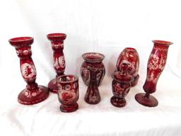 Mid Century Bohemian Ruby Red Stained Glass Group - 8pcs.