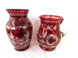 Mid Century Bohemian Ruby Red Stained Glass Group - 2pcs.