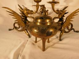 Vintage Pair of Brass Dragon Candle Holders and Brass Censor