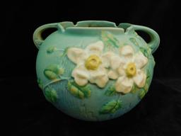 Roseville Pottery - Double Handled Pot / Bowl - White Rose Pattern - Blue - 388-7