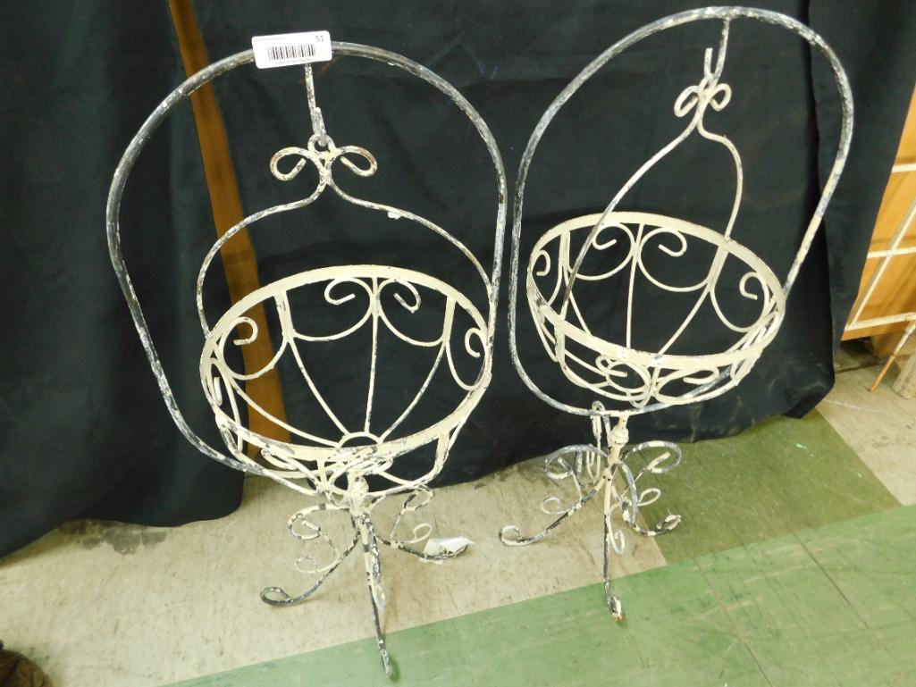 Wrought Iron White Shabby Painted Hanging Baskets on Stands