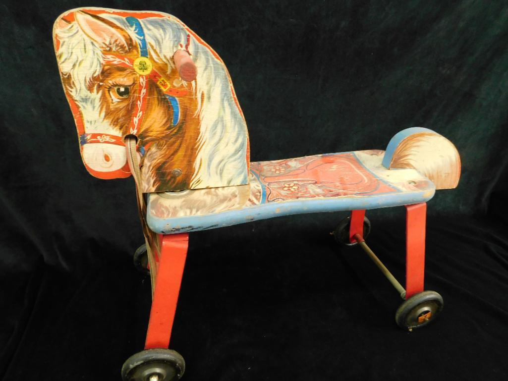 Vintage Wood and Metal Riding Horse - 17" x 20" x 9" - "The Gong Bell MFG Co."