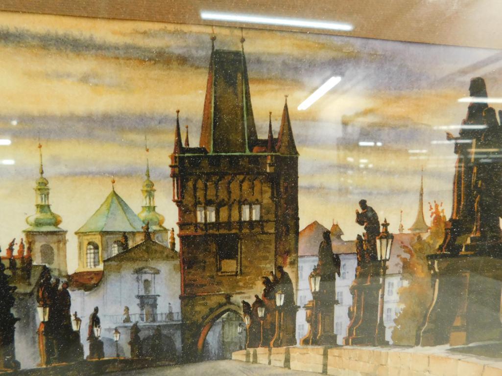 Watercolor - V. Shukshin - Prague Skyline at Dusk - Framed - Signed - 22.75" x 12.75"