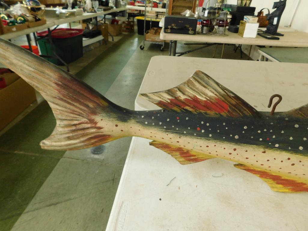 Large 3D Carved and Painted Wood Fish - Top Hooks for Hanging - 61" x 12" x 5"