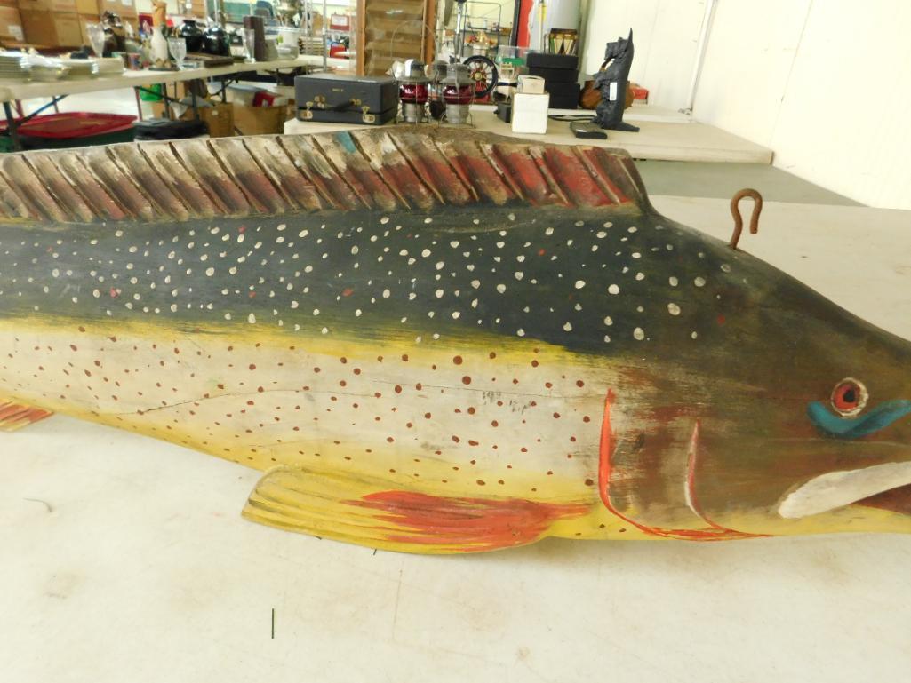 Large 3D Carved and Painted Wood Fish - Top Hooks for Hanging - 61" x 12" x 5"