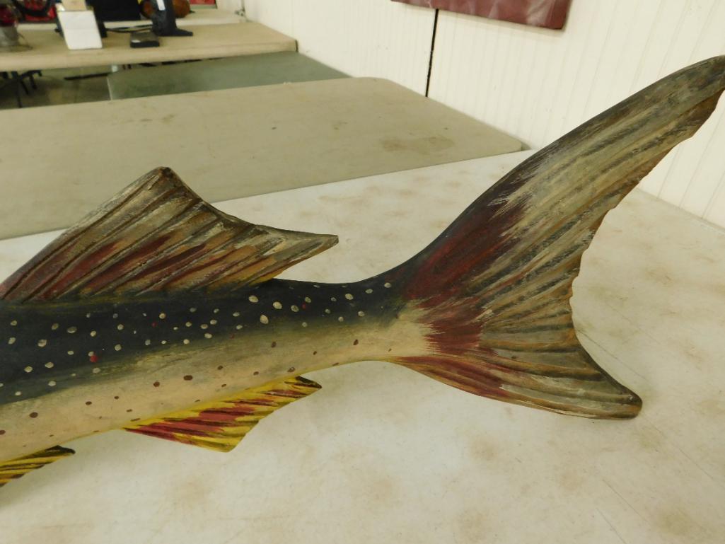 Large 3D Carved and Painted Wood Fish - Top Hooks for Hanging - 61" x 12" x 5"