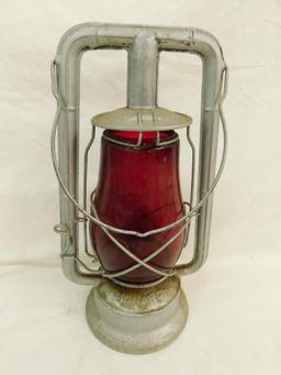 Vintage Dietz Monarch Railroad Lantern - Red Globe - 14" x 8" x 6"