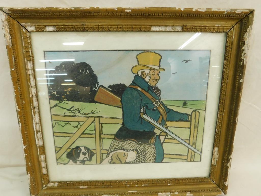 Signed Watercolor - Hunter with Dogs - 18" x 16"