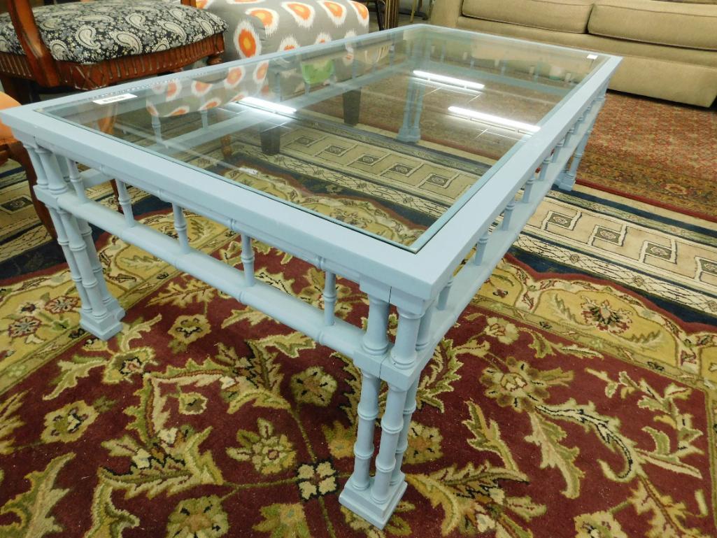 Blue Painted Glass Top Coffee Table