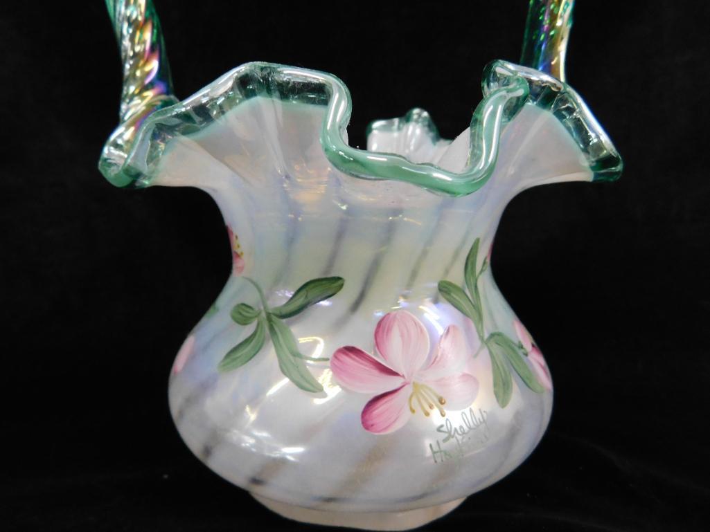 Fenton Glass - Opalescent Basket - Hand Painted - Signed Shelly Hopkins - 90th Anniversary - 9" Tall