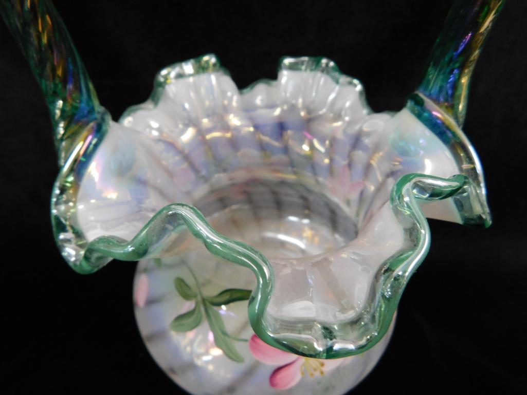 Fenton Glass - Opalescent Basket - Hand Painted - Signed Shelly Hopkins - 90th Anniversary - 9" Tall