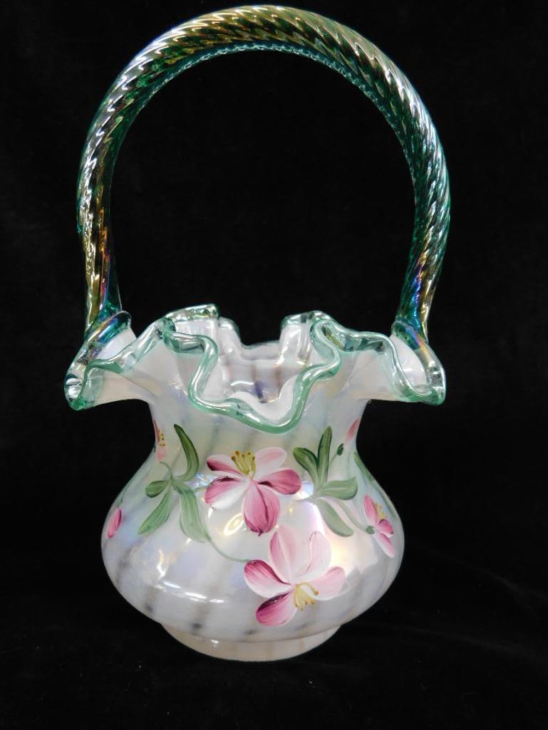 Fenton Glass - Opalescent Basket - Hand Painted - Signed Shelly Hopkins - 90th Anniversary - 9" Tall