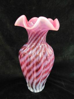 Fenton Glass - Vase - Cranberry Swirl - Ruffled Rim - 11.5" Tall