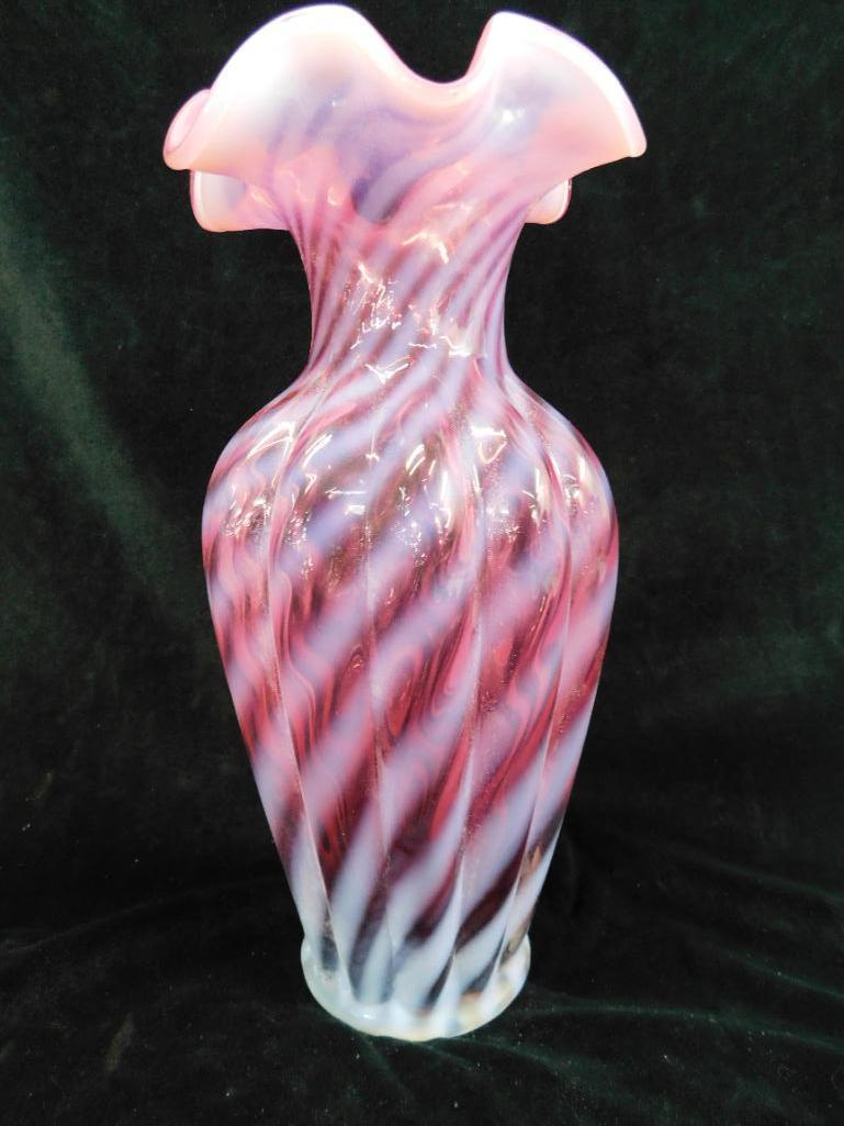 Fenton Glass - Vase - Cranberry Swirl - Ruffled Rim - 11.5" Tall