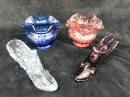 Lot of 4 Fenton Glass Pieces - 2 Slippers - 2 Squat Vases - 3" to 3.5" Tall