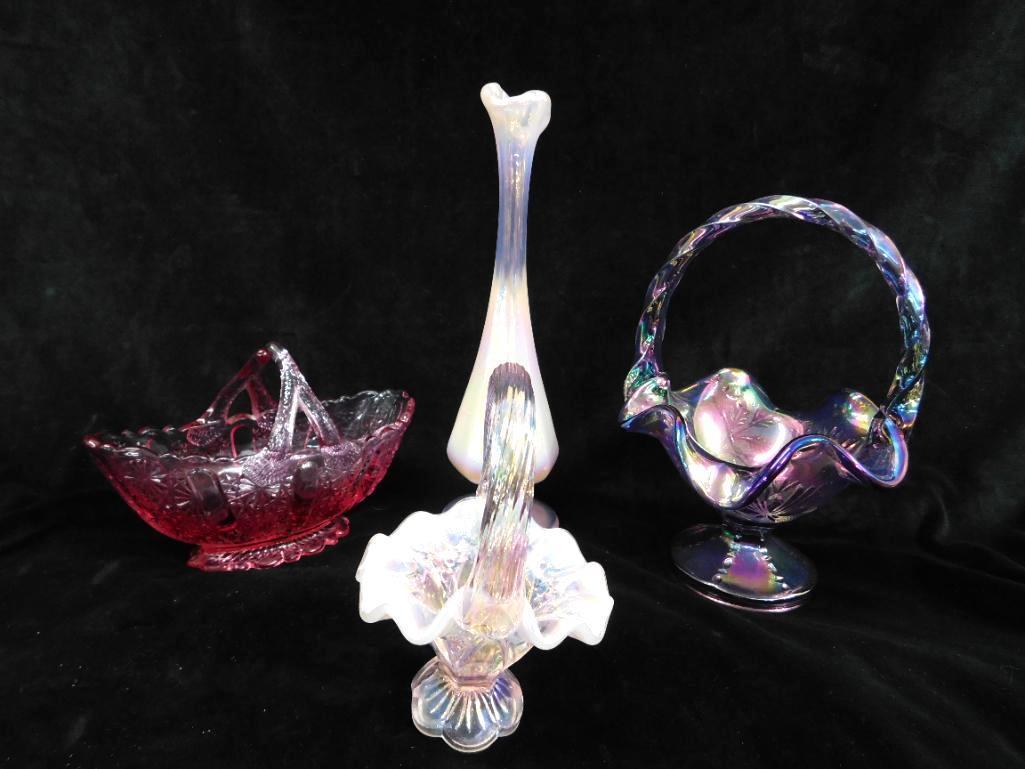 Lot of 4 Fenton Glass Pieces - 3 Small Baskets - 1 Bud Vase - 4" to 8.5" Tall
